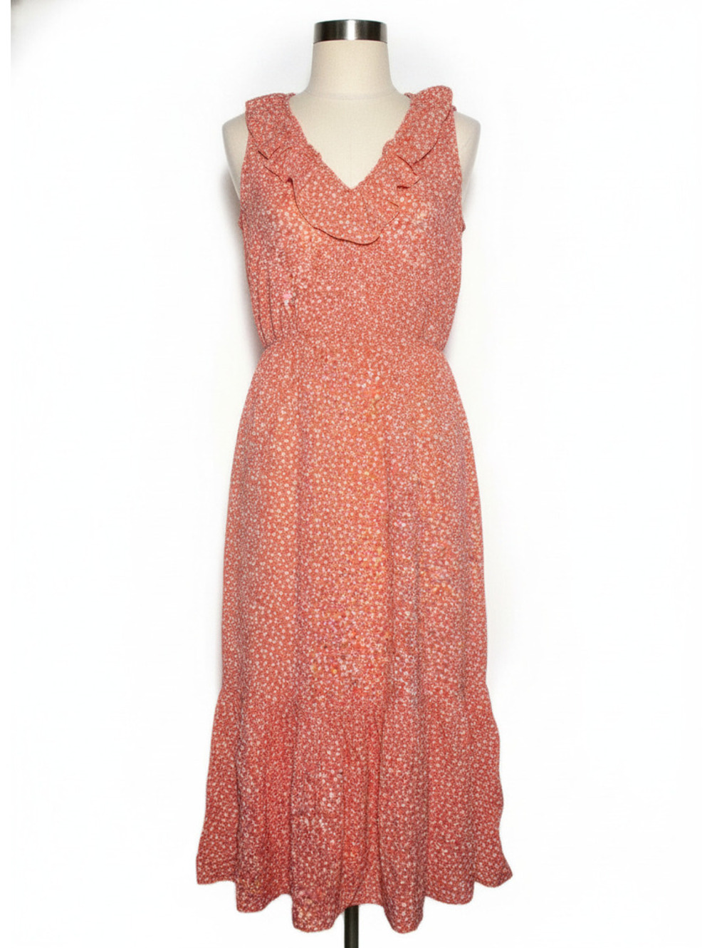 Old Navy Sleeveless Ruffle Midi Dress in Coral Floral — Size Medium (NWT)